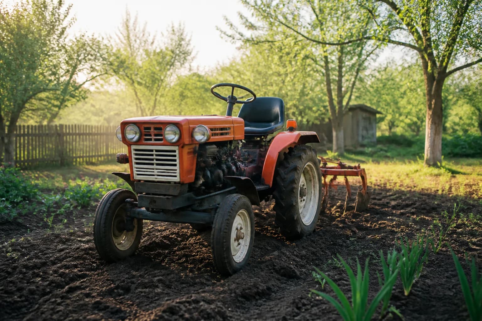 Kompaktný malotraktor v malej záhrade so sadom a ľahkým náradím za traktorom.