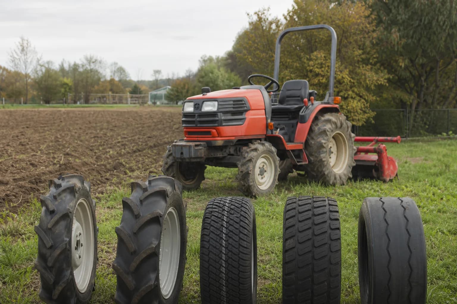 Malotraktor na rozhraní poľa a trávnika s viditeľnými rôznymi dezénmi pneumatík.