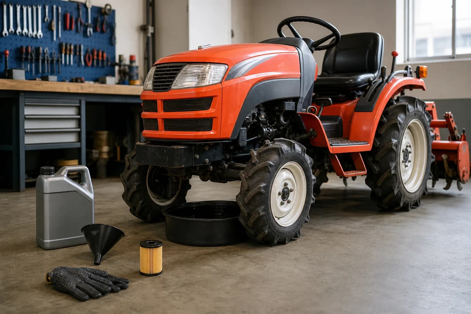 Malotraktor v dielni pripravený na výmenu motorového oleja s nádobou, lievikom a filtrom pri motore.
