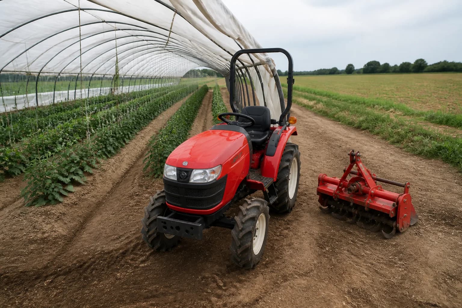 Kompaktný malotraktor pri vstupe do fóliovníka so záhonmi a otvoreným poľom v pozadí.