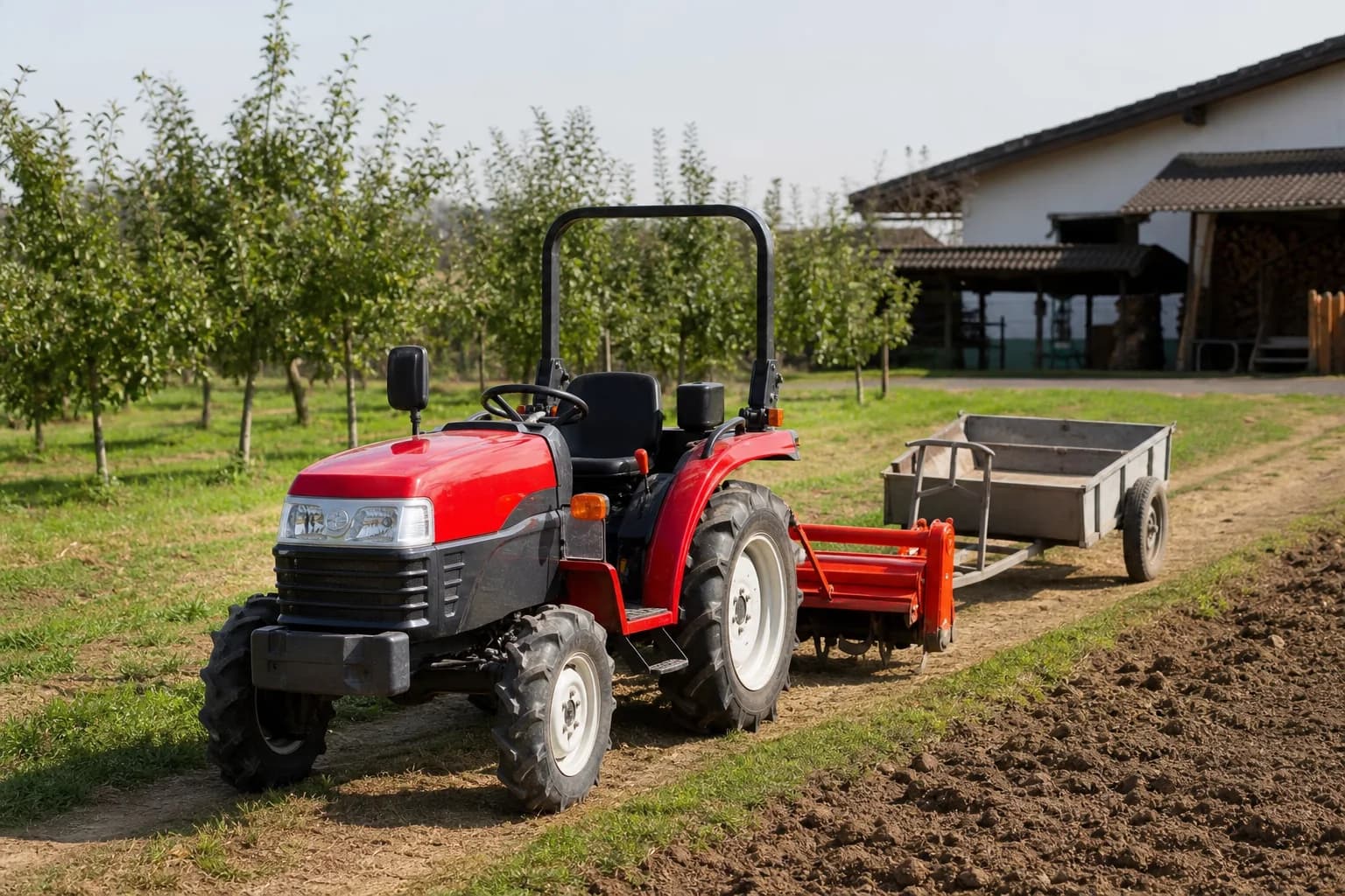 Kompaktný malotraktor na malej farme pri sade, pripravenej pôde a príslušenstve.