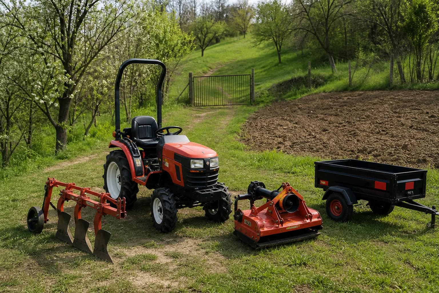 Kompaktný malotraktor pri sade s pluhom, mulčovačom a vlečkou na vidieckom pozemku.