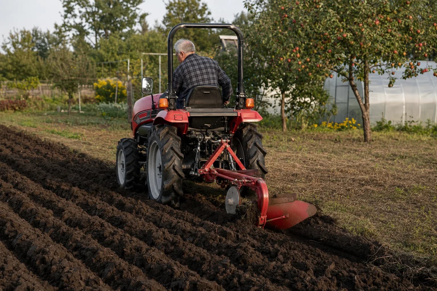 Kompaktný malotraktor s otočným jednoradličným pluhom orie menšiu parcelu.