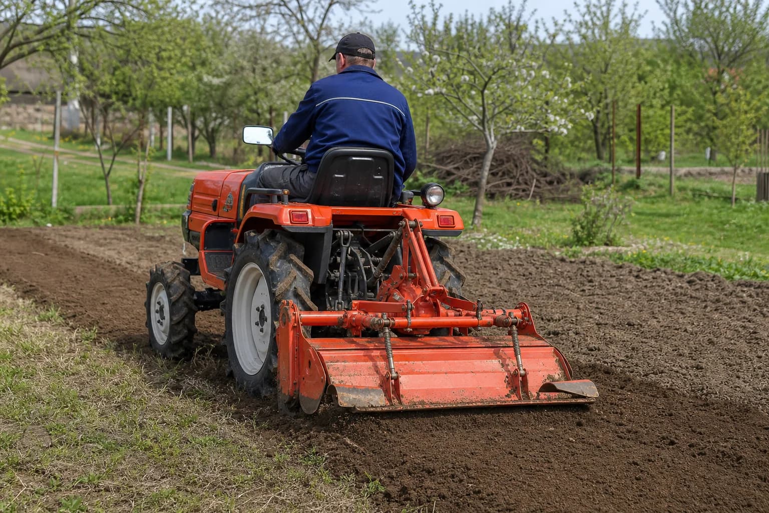 Malotraktor so zadným rotavátorom kyprí pôdu na menšom poľnohospodárskom pozemku.