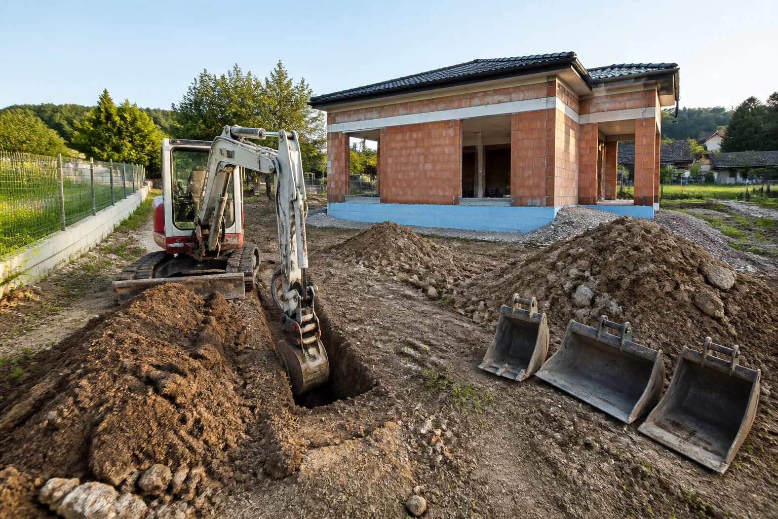 Pásový minibager pracuje pri výkope na pozemku s rozostavaným rodinným domom.