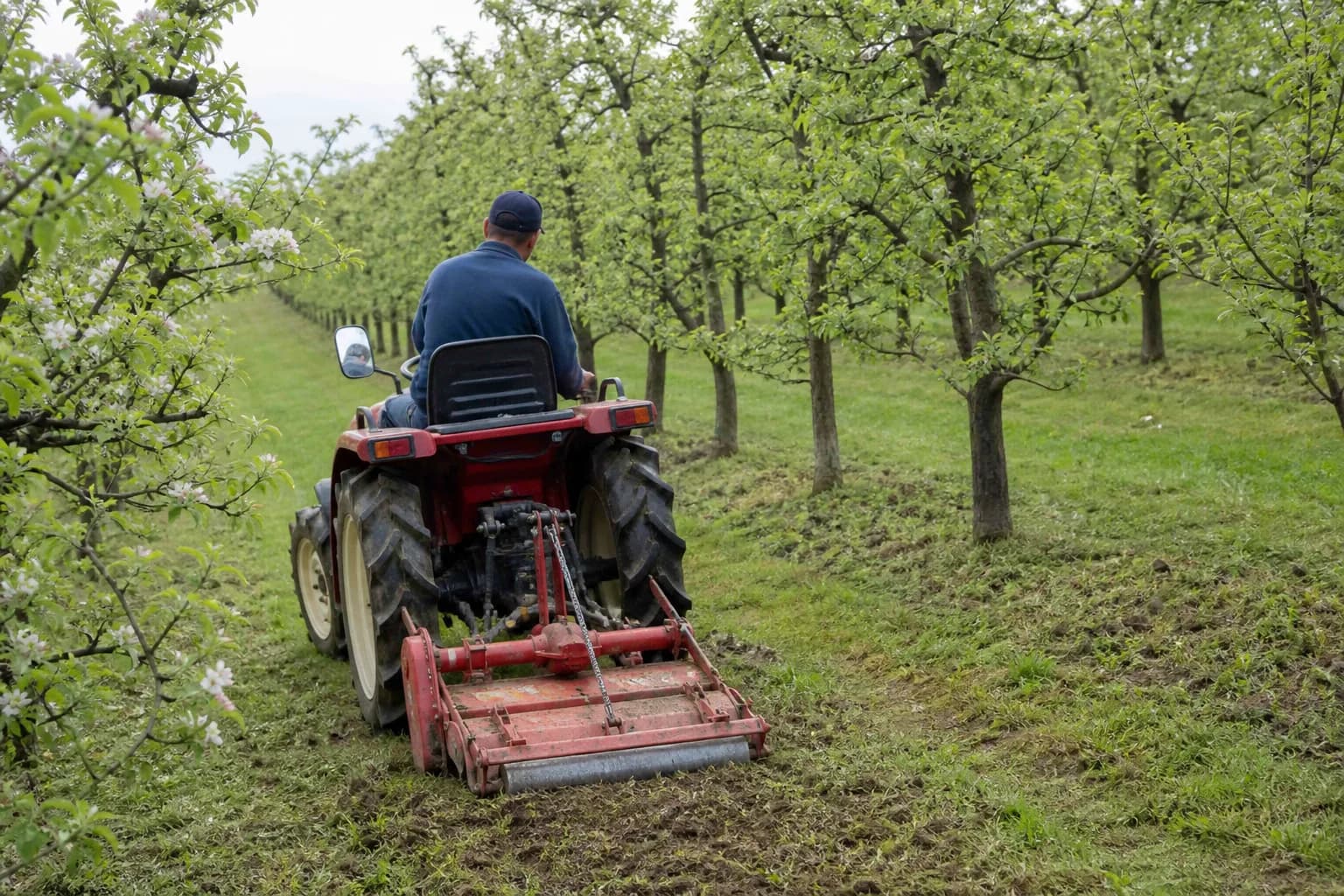Kompaktný japonský malotraktor pracuje medzi radmi stromov v sade.