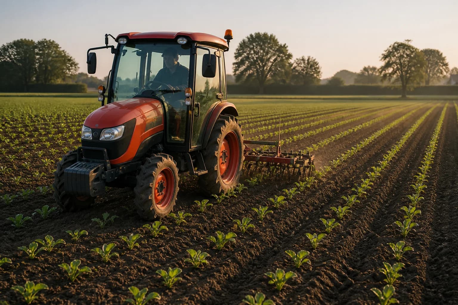 Malotraktor s medziriadkovým náradím prechádza medzi riadkami mladých plodín.