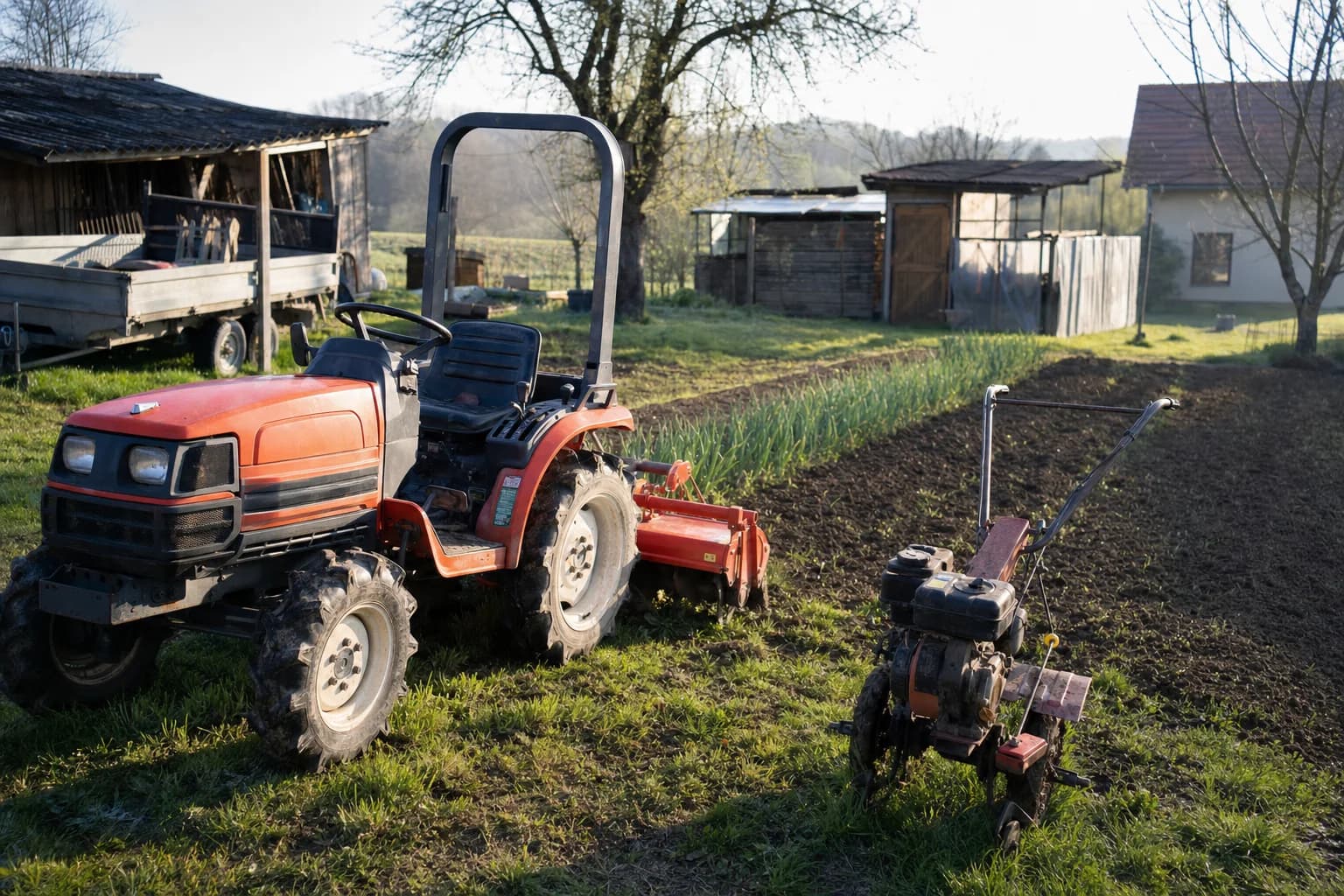 Malotraktor a motorový kultivátor stoja vedľa pripravených záhonov na vidieckom pozemku.