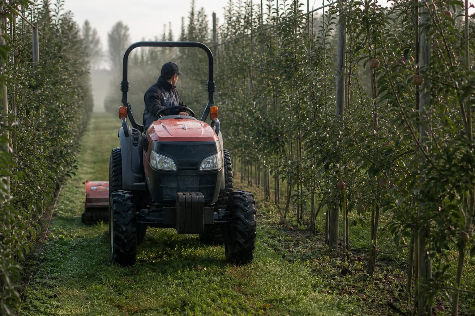 Kompaktný malotraktor s mulčovačom prechádza medzi radmi ovocných stromov.