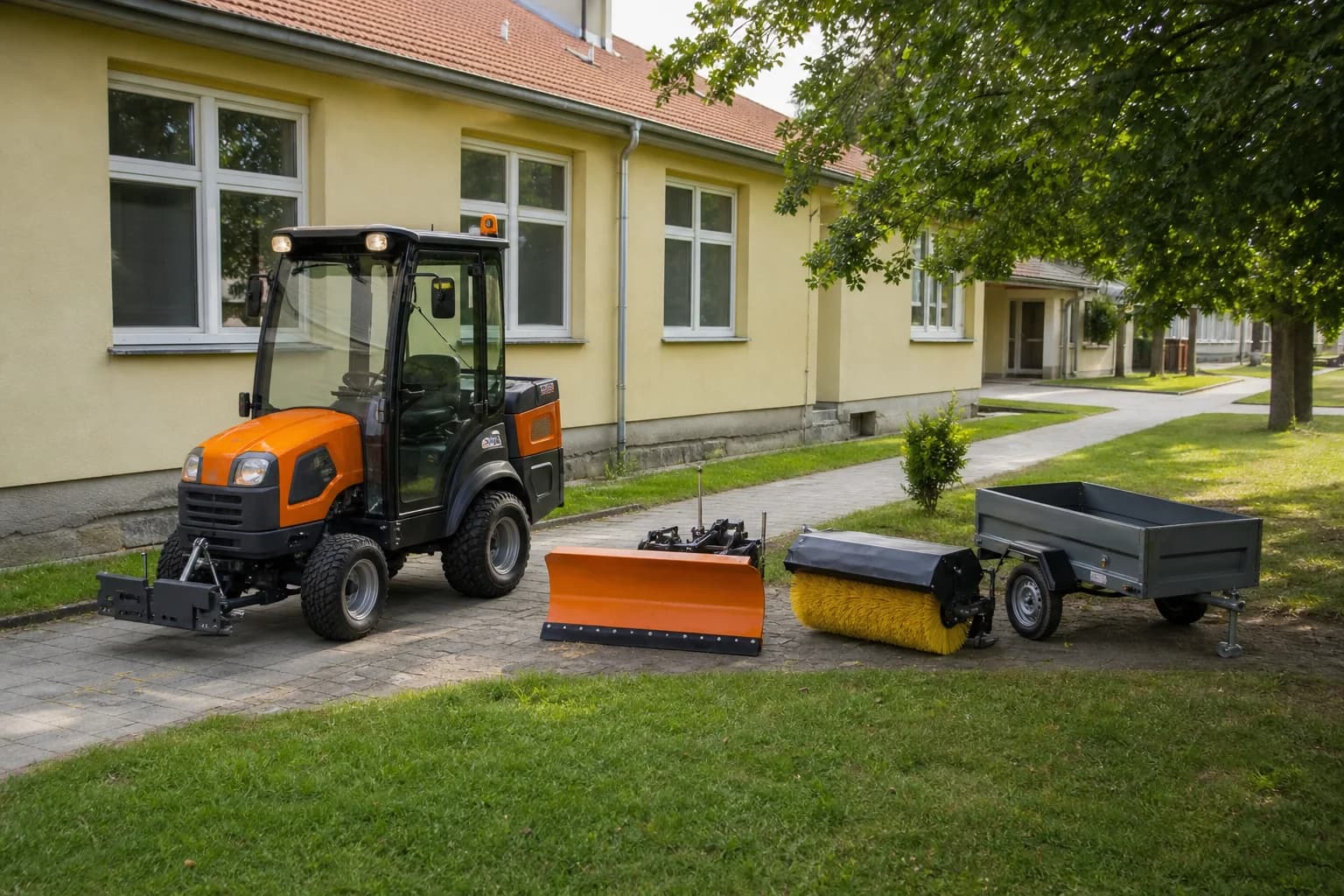 Komunálny malotraktor v areáli pri chodníku s príslušenstvom na údržbu plôch.