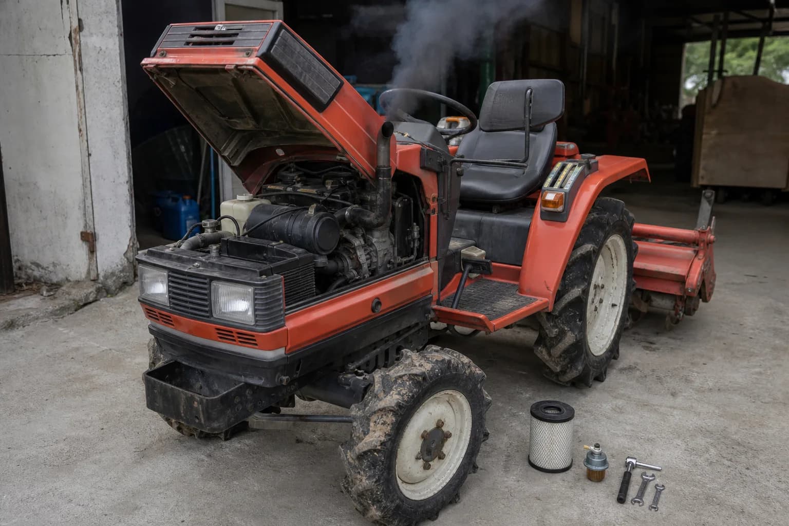 Malotraktor s otvorenou kapotou v dielni a jemným dymom z výfuku.