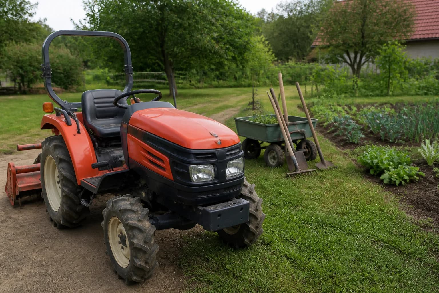 Kompaktný malotraktor v záhrade pri záhonoch, trávniku a príslušenstve.