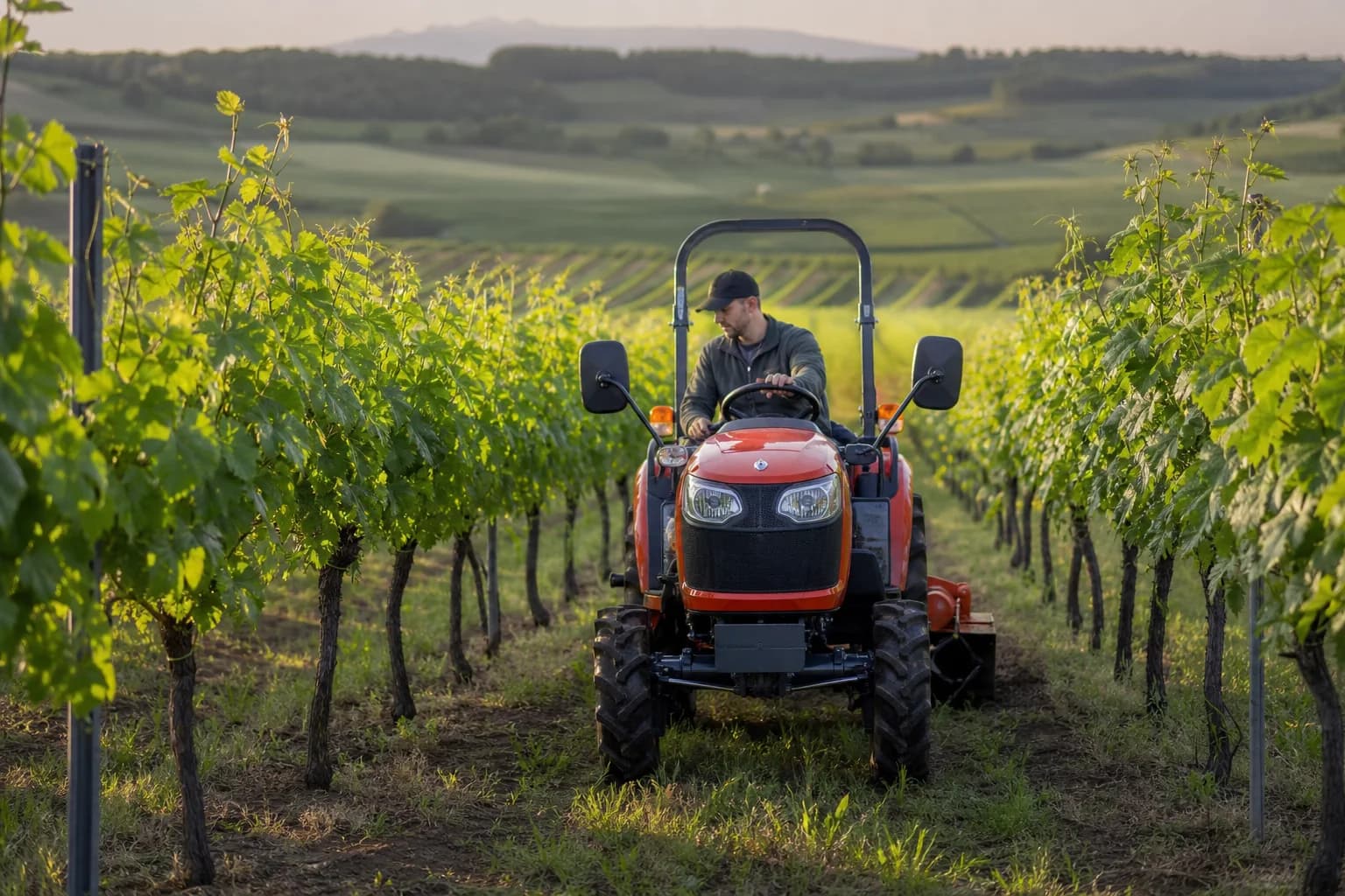 Kompaktný malotraktor prechádza medzi radmi viniča vo vinici.