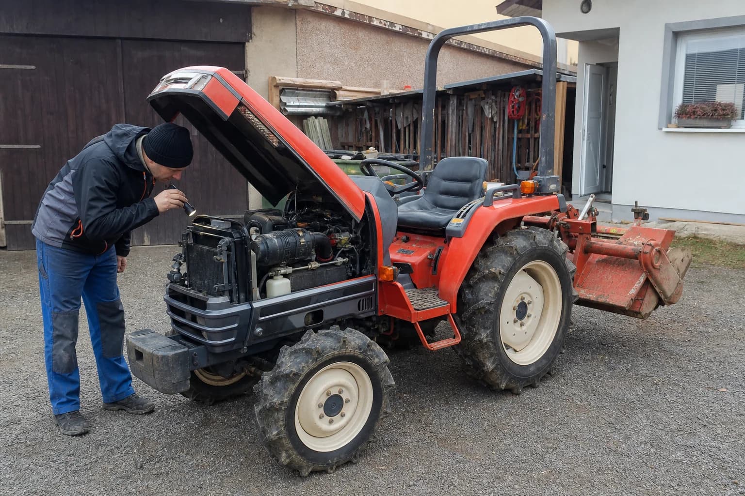 Použitý malotraktor s otvorenou kapotou počas technickej obhliadky na dvore.