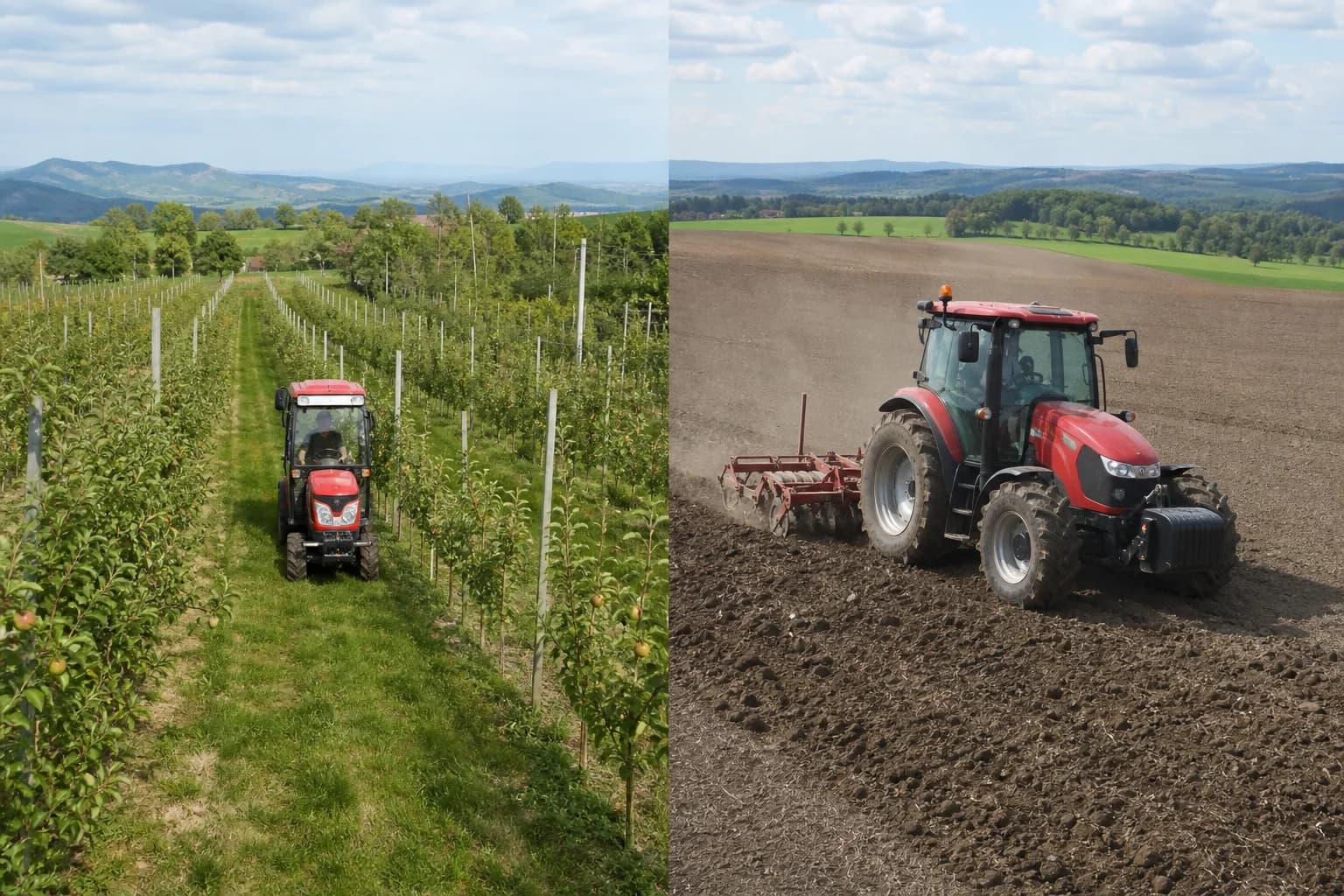 Úzky malotraktor medzi radmi ovocných stromov a robustnejší malotraktor na otvorenom poli.