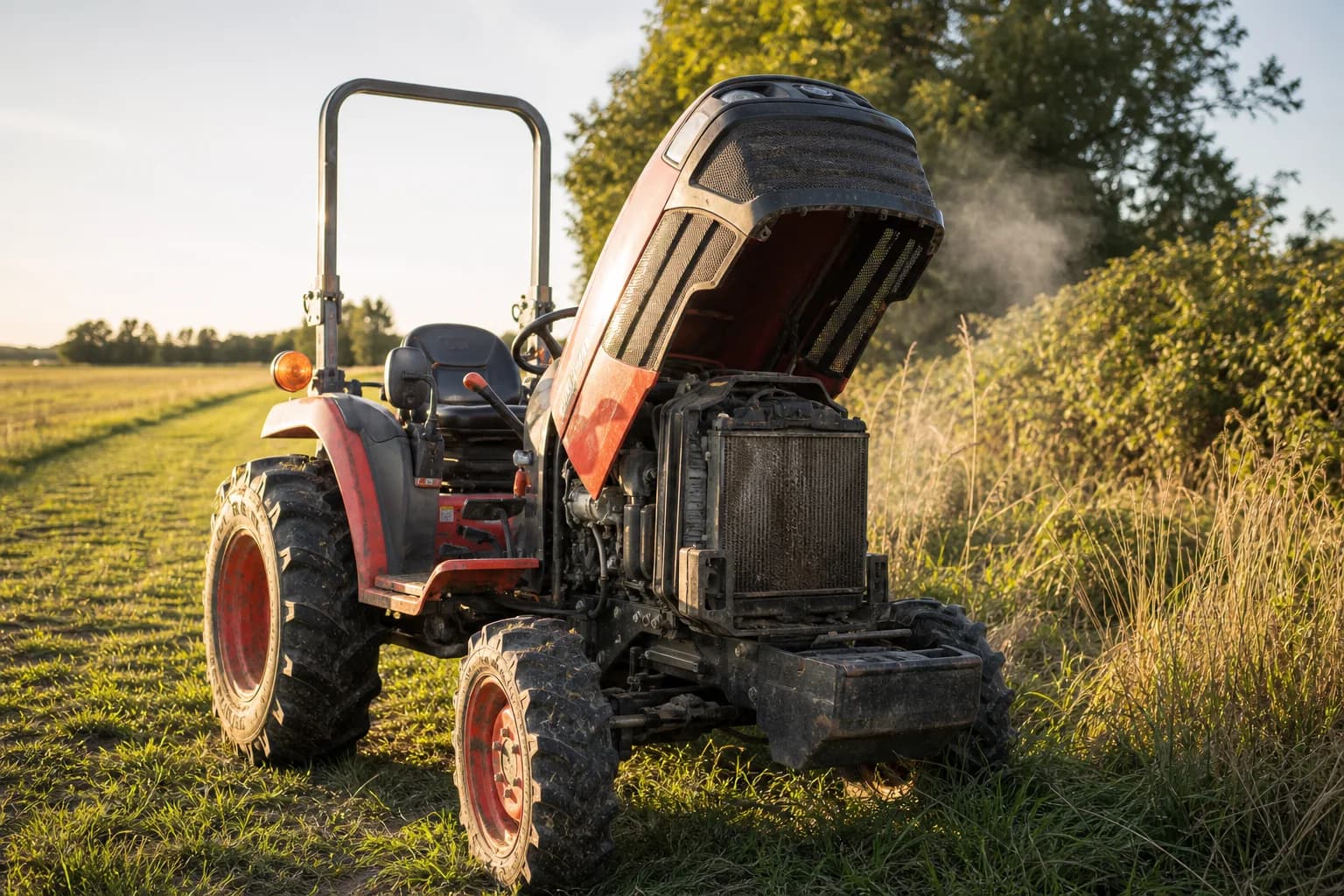 Malotraktor s otvoreným krytom motora stojí pri poli po práci v tráve.